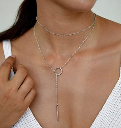 itianxi Gold Tiny Y Shaped Dainty Necklace 18K Gold Plated Cute Bar Vertical Lariat Necklace for Women - color: circle silver