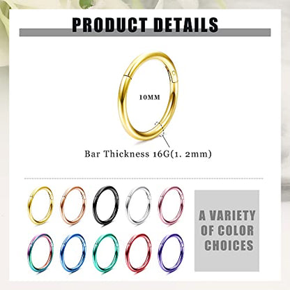 Besteel 10PCS Septum Nose Rings Hoops for Women Men - 16G 18G 316L Surgical Stainless Steel Hinged Clicker Lip Helix Rook Tragus Daith Conch Piercing Jewelry Cartilage Sleeper Earrings Set 8/10/12MM - style: 10 PCS - 16G 10MM