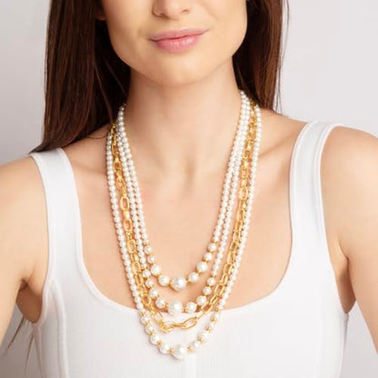 Martha Stewart Four Strand Pearl and Chain Necklace In Gold, Long, For Women