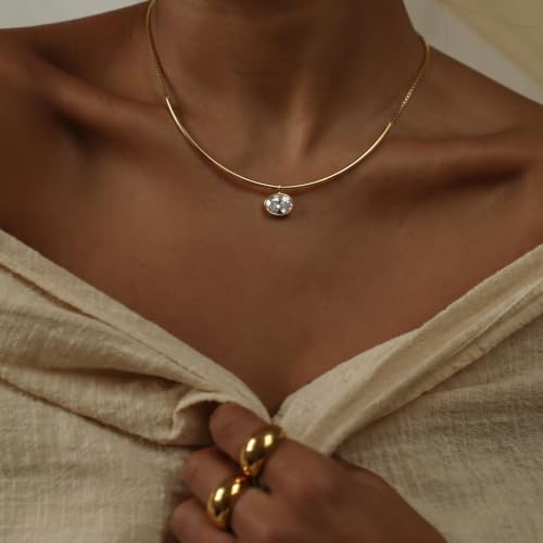 14K Gold Plated Collar Choker Necklace for Women Charm Jewelry | Trendy Dainty Statement Fashion Cubic Zirconia Pendant Necklace - color: 93A