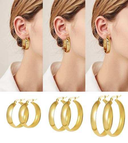 Lightweight Chunky Hoop Earrings Set for Women,3 Pairs Gold Thick Large Stainless Steel Hypoallergenic Hoop Earrings,14k Gold Plated Hoop Earrings Gold Jewelry Gifts
