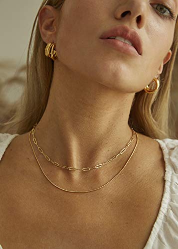 14K Gold Plated Dainty Paperclip Link Chain Necklace Bracelet Set for Women