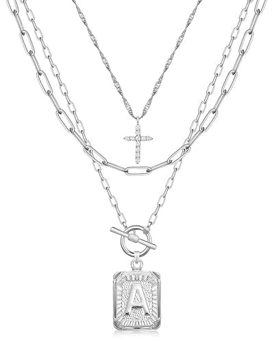 MJartoria Layered Initial Necklaces for Women Trendy, 14K Gold Plated Brass Simple Dainty Cross Choker Square Letter Pendant Necklace, Paperclip Chain Necklaces Jewelry - color: Silvery, style: A.