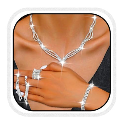 Rhinestone Bridal Wedding Jewelry Sets Black Necklace Earrings Bracelet Ring Set Prom Formal Costume Jewelry Set for Women and Brides - color: Silver