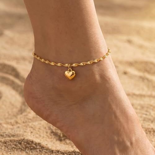 Ritach Gold/Silver Ankle Bracelets for Women 14K Gold Anklets for Women Waterproof Cuban Link Heart Bead Anklets Set Layered Anklet Bracelets for Women Gold Jewelry Gift - color: Gold heart