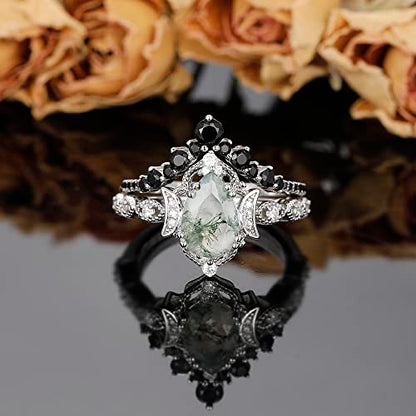 Moss Agate Bridal Wedding Rings Set for Women 925 Sterling Silver | Plated Platinum/Black Gold, Gothic, Vintage, Engagement Promise Ring, Anniversary Valentine Day Birthday Gift for Her - style: Platinum Plating New Moon Halo Ring