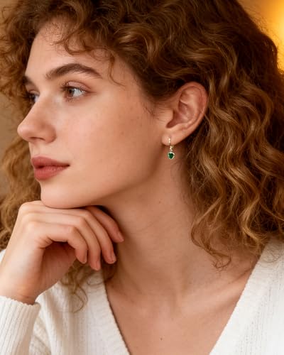 Small Emerald Heart Dangling Huggie Earrings 14K Gold Plated Hoop Earrings for Women Dainty Green Heart Earrings Gift for Mom Girlfriend