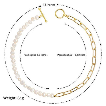 Pearl Necklace for Women Paperclip Chain Chunky Gold Necklace, Freshwater Cultured Pearls Trendy Link Chain 18K Gold Plated Dainty Pearl Choker - color: Gold Paper Clip Pearl Necklace