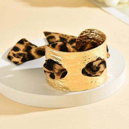 Chunky Gold Hammered Bracelets for Women, Leopard Print Scarf Big Golden Stainless Steel Cuff Bangle Silk Styling Charm Stackable Statement Jewelry Gifts - color: 4.5CM-Gold