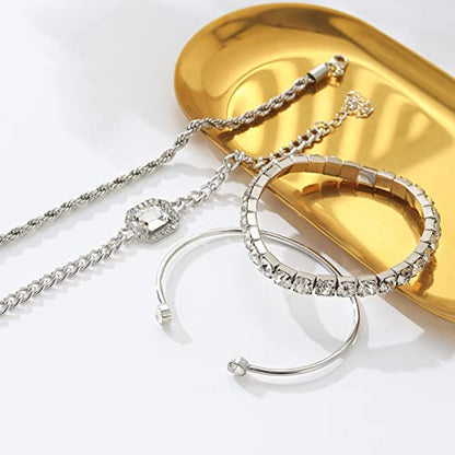 4 Pcs Dainty Gold Silver Bracelets Set for Women 14K Plated Link Cubic Zirconia Paperclip Stake Layering Chain Adjustable Trendy Hand Jewelry - color: Silver