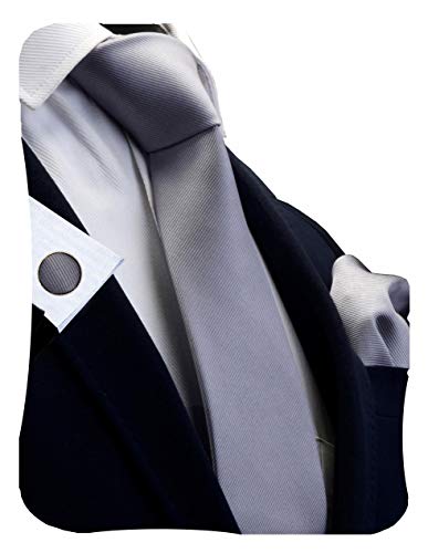 GUSLESON 3.15"（8cm） Solid Color Necktie and Pocket Square Cufflinks Sets For Men + Gift Box - color: Gray