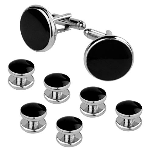 Tuxedo Studs and Cufflinks Set, Mens Cufflinks and Cuff Studs Set, Formal Shirt Buttons with Gift Box for Wedding Business Suit Accessories - color: Black/Silver