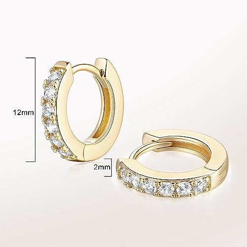 NEARLAND 14K Gold Hoop Earrings for Women 14K Gold Earrings for Women | Small Gold Hoop Earrings for Women Round Cubic Zirconia Lightweight Gold Huggie Hoop Earrings for Women 12/14/16/20/25/30mm - size: 12mm
