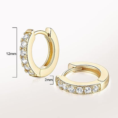 NEARLAND 14K Gold Hoop Earrings for Women 14K Gold Earrings for Women | Small Gold Hoop Earrings for Women Round Cubic Zirconia Lightweight Gold Huggie Hoop Earrings for Women 12/14/16/20/25/30mm - size: 12mm