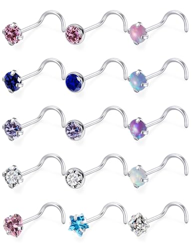 15 Pcs 18G 20G Surgical Steel Nose Rings Studs for Women Opal Nose Rings Diamond CZ Nose Studs L Shaped Nose Nostril Piercing Jewelry Hypoallergenic - style: 20G,Screw