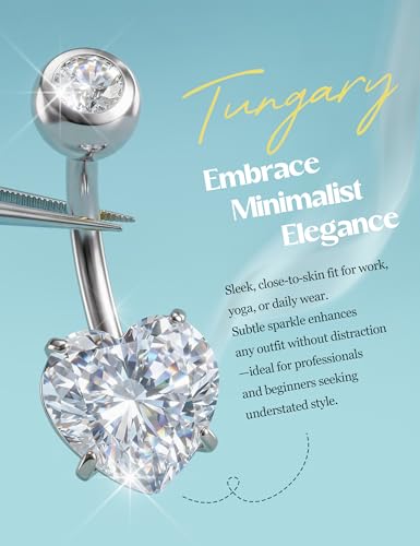 Tungary G23 Titanium Belly Button Rings for Women 14G Internally Threaded | Hypoallergenic Long Navel Piercing Jewelry, 3/8" Implant Grade Dangle Belly Button Piercing, 5A CZ, with Vacuum PVD Finish - color: Heart: Titanium Silver