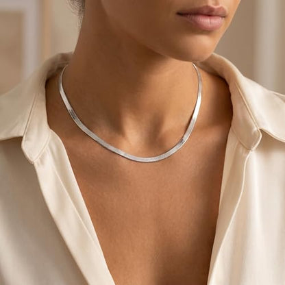 14K Gold/Silver Plated Stainless Steel Herringbone Necklace for Women, Dainty Snake Chain Choker, Trendy Simple Long Layered Jewelry, Non Tarnish 4mm Flexible Flat Necklace, Made in Italy - color: S-22