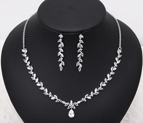 Cubic Zirconia Jewelry Sets for women Brides Bridesmaid Necklace Dangle Earrings Link Bracelet for Wedding Prom Costume Party Events - color: White-Platinum Plated