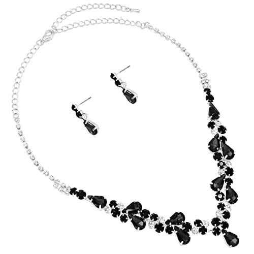 Rosemarie Collections Women's Stunning Rhinestone Crystal Teardrop Statement Necklace Hypoallergenic Drop Earrings Set, 15"+6" Extender - color: Jet Black Silver Tone