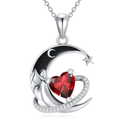 I Love You to the Moon and Back Necklace 925 Sterling Silver Black Crescent Moon Star Pendant with Heart Birthstone Necklace Anniversary Gothic Jewelry Gifts for Women Wife Lovers - color: 01-Jan-Garnet