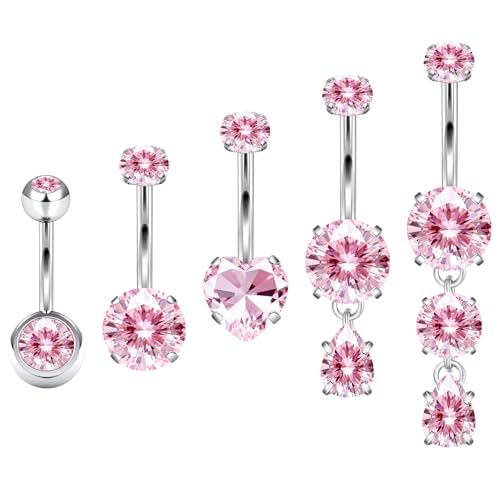 Vsnnsns 14G Dangle Belly Button Ring Piercing Jewelry 316L Stainless Surgical Steel Round Heart Cubic Zirconia Navel Rings Dangling Belly Button Ring Piercing Jewelry for Women 14 Gauge Hypoallergenic - color: Silver-10MM Bar-Pink CZ
