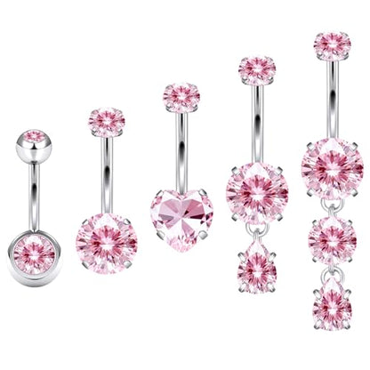 Vsnnsns 14G Dangle Belly Button Ring Piercing Jewelry 316L Stainless Surgical Steel Round Heart Cubic Zirconia Navel Rings Dangling Belly Button Ring Piercing Jewelry for Women 14 Gauge Hypoallergenic - color: Silver-16MM Bar-Pink CZ