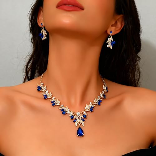 CJIAYUJEW Cubic Zirconia Wedding Jewelry Sets for Bride Bridesmaid Cluster Crystal Teardrop Pendants Jewelry Set Necklace Earring for Brides Bridesmaid for Wedding Party - color: Blue