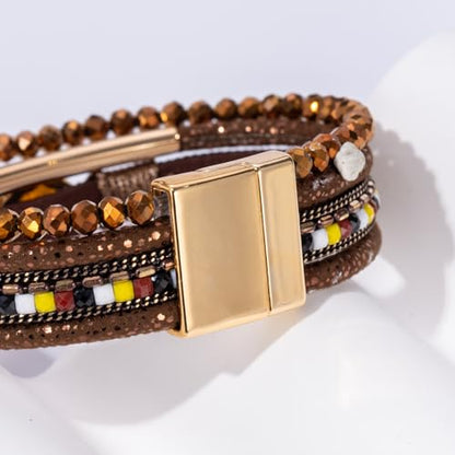 Boho Leather Wrap Bracelets Beaded Stackable Cuff Bracelet Country Concert Outfits Cowboy Cowgirl Western Jewelry Gifts for Women - color: Crystal-Brown