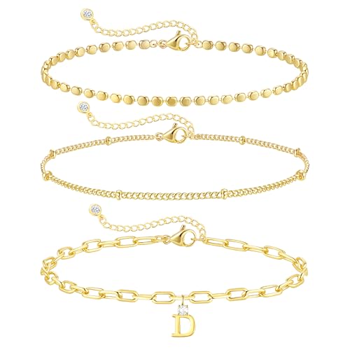 ZHESHY Gold Initial Bracelets for Women Dainty Letter A-Z Charm Bracelets Non Tarnish 14K Gold Plated Stackable Layered Paperclip Link Chain Bracelets Stack Set Personalized Gifts Womens Jewelry - color: Gold D