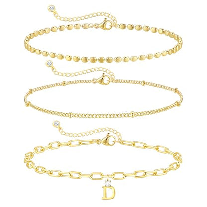 ZHESHY Gold Initial Bracelets for Women Dainty Letter A-Z Charm Bracelets Non Tarnish 14K Gold Plated Stackable Layered Paperclip Link Chain Bracelets Stack Set Personalized Gifts Womens Jewelry - color: Gold D