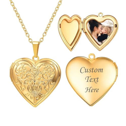 U7 Women Locket Necklace, Heart Photo Lockets Hold Picture, Gift Box Packed | Gold/Silver/Rose Locket Charm, Custom Picture and Engravement Heart Pendant, 20" Chain, Personalized Gift for Mom Wife Friend - color: 02# Gold*Flower Grain