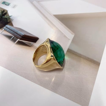 Chunky Square Crystal Glass Stainless Steel Statement Ring for Women Men Gold-Tone Plated Exaggerated Large Geometric Green Cubic Zirconia Finger Band Knuckle Rings Cocktail Prom Fashion Jewelry - color: Green
