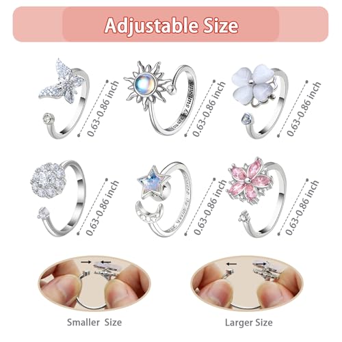 6Pcs Fidget Anxiety Rings for Women, Silver Adjustable Open Spinner Rings for Anxiety, Stress Relief Rotating Rings with Butterfly Sun Star Flower Four-Leaf Clover Designs, Fidget Jewelry for Women - color: Silver
