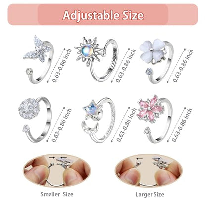6Pcs Fidget Anxiety Rings for Women, Silver Adjustable Open Spinner Rings for Anxiety, Stress Relief Rotating Rings with Butterfly Sun Star Flower Four-Leaf Clover Designs, Fidget Jewelry for Women - color: Silver