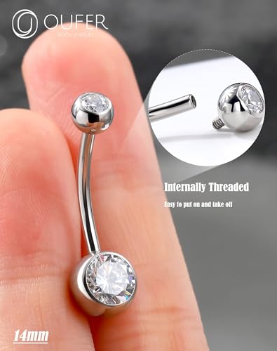 OUFER Belly Button Rings Surgical Steel, Internally Threaded Belly Rings | 14G Belly Piercing Jewelry, 10/12/14/16mm Beachy Belly Button Rings, Silver/Gold Navel Piercing Jewelry For Women Men - color: Clear, size: 14G 14MM