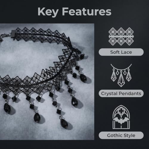 Black Lace Choker Necklace with Dangle Teardrop Crystals, Rhombus Lace Design for Gothic Outfit, Evening Prom, Daily Wear - color: Black