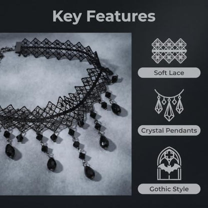 Black Lace Choker Necklace with Dangle Teardrop Crystals, Rhombus Lace Design for Gothic Outfit, Evening Prom, Daily Wear - color: Black