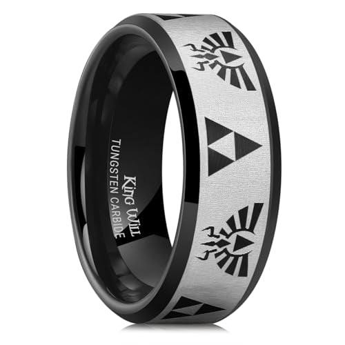 King Will Mens Tungsten Carbide Wedding Ring Game-Themed Laser Pattern Ring | Black/Blue, 8mm, Matte Finished, Stepped/Beveled Edges, Everyday Wear - color: Black