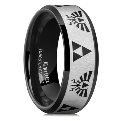 King Will Mens Tungsten Carbide Wedding Ring Game-Themed Laser Pattern Ring | Black/Blue, 8mm, Matte Finished, Stepped/Beveled Edges, Everyday Wear - color: Black