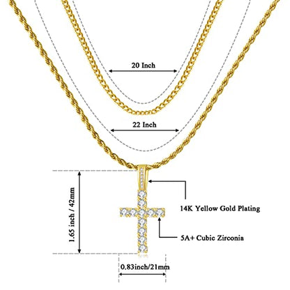 GEMOSA Cross Necklace for Men, Cuban Link Layered Rope Chain Silver/Gold/Black - color: Yellow Gold, size: 20/22 inch