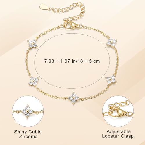 Emibele Gold Bracelets for Women, 18K Gold Plated Hand Chain, Cubic Zirconia Stainless Steel Non Tarnish Hand Chain Bracelet with Finger Ring, Adjustable Trendy Jewelry Valentines Day Gifts for Women - style: Four Leaf B