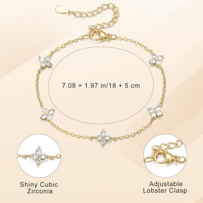 Emibele Gold Bracelets for Women, 18K Gold Plated Hand Chain, Cubic Zirconia Stainless Steel Non Tarnish Hand Chain Bracelet with Finger Ring, Adjustable Trendy Jewelry Valentines Day Gifts for Women - style: Four Leaf B