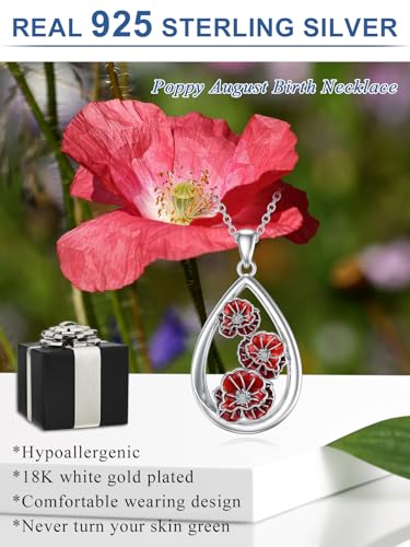 12 Month Birth Flower Necklace for Women 925 Sterling Silver Floral Teardrop Pendant Birthday Jewelry Gifts - color: 08. August Poppy