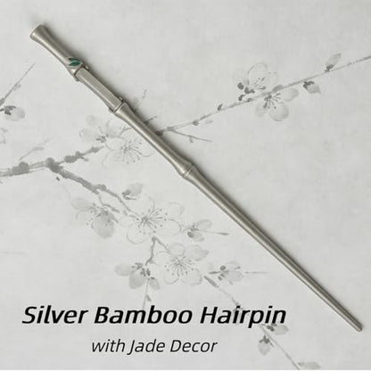 Metal Silver Bamboo Hair Stick with Jade, Unique New Chinese Jade Hair Pin for Women, Elegant Sword Accessory for Buns, Updos & Hanfu Cheongsam Styling