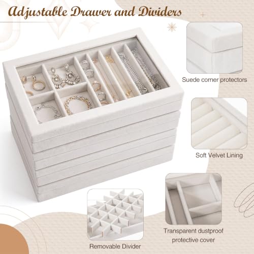 SiliFine Set of 4 Large Stackable Velvet Jewelry Trays with 4 Lids,Beige - color: Beige
