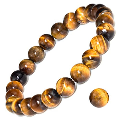 8mm Natural Crystal Stretch Bracelet | Handmade Round Stone Bead Bracelet, Runs Large, Meditation Yoga Gift for Women & Men - color: Golden Tiger Eye