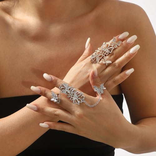 Rhinestone Finger Ring for Women Sparkly Crystal Butterfly Flower Leaf Adjustable Statement Chain Rings Punk Jewelry - color: Silver