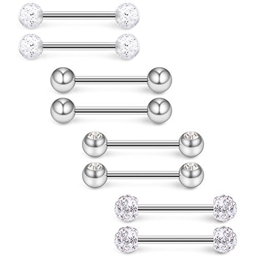 14G 9/16Inch Crystal Ball Nipple Tongue Shield Ring Barbell Body Piercing Jewelry Retainer 8-14PCS - color: 8PCS - Silver