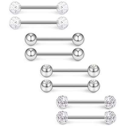 14G 9/16Inch Crystal Ball Nipple Tongue Shield Ring Barbell Body Piercing Jewelry Retainer 8-14PCS - color: 8PCS - Silver
