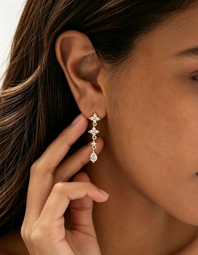 Dangle Earrings for Women, Dainty Teardrop Drop Earrings 14K CZ Flower Gold Earrings for Women Trendy Bridal Earring Set Hypoallergenic Stud Dangly Earring Stack Wedding Prom Fashion Jewelry - color: cz flower drop earrings